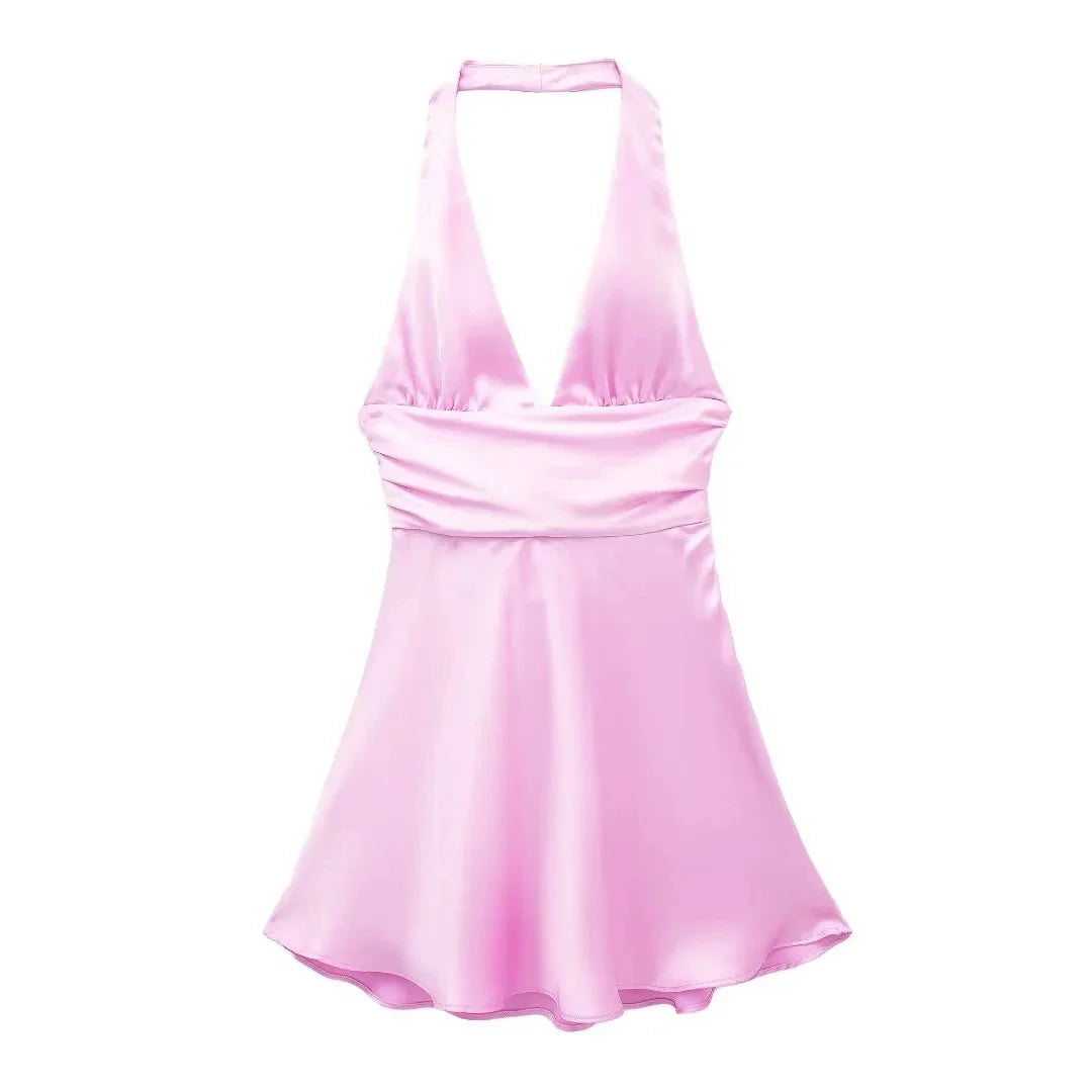 Women Satin Halter Mini Dress | Off Shoulder Backless Short Party Dress Pink