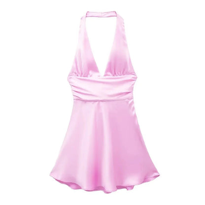 Women Satin Halter Mini Dress | Off Shoulder Backless Short Party Dress Pink