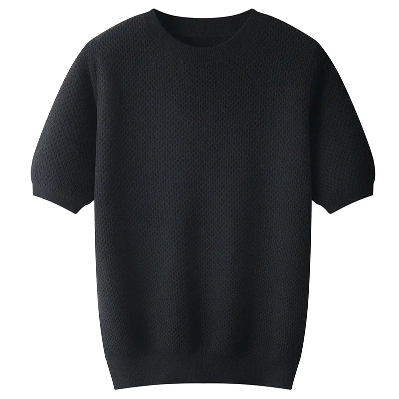 Men Short Sleeves Wool Sweater | Wool Solid Color T-Neck Pullover black