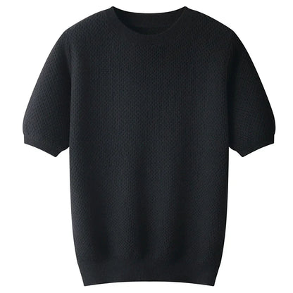 Men Short Sleeves Wool Sweater | Wool Solid Color T-Neck Pullover black