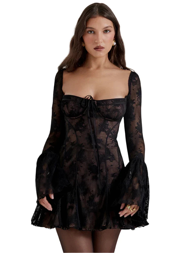 Women Elegant Long Sleeve Mini Dress | Square Neck | Patchwork