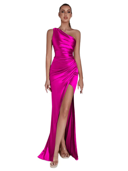 Women Evening Maxi Dress | Wedding Party Dress | One Shoulder Cocktail Dress Fuchsia