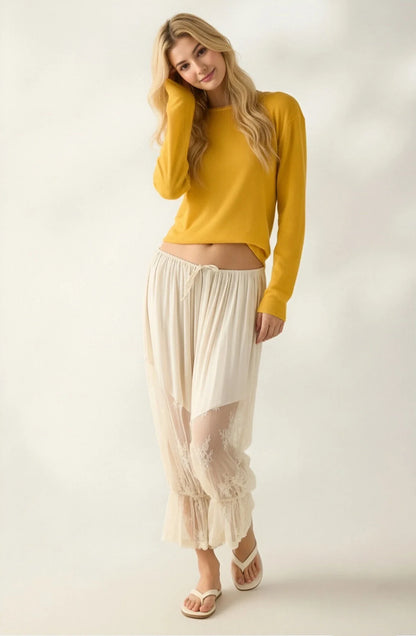 Women Loose Fit Bloomers Cropped Pants | High Waist | Floral Lace | Lantern Trousers