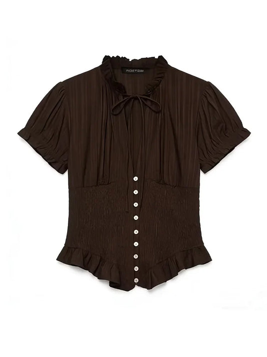 Women Lace Up Bow Top | Short Sleeve Top | Pleated Blouse