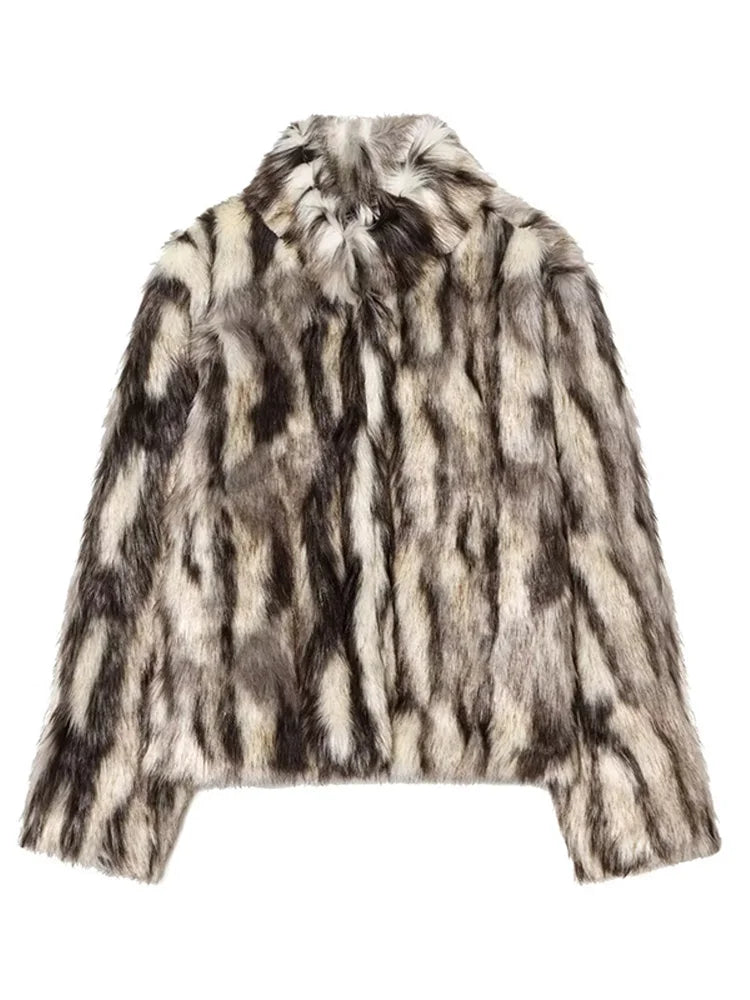 Women Vintage Loose Fur Coat | Stand Collar | Long Sleeve | Winter Furry Warm Coat Brown and Cream