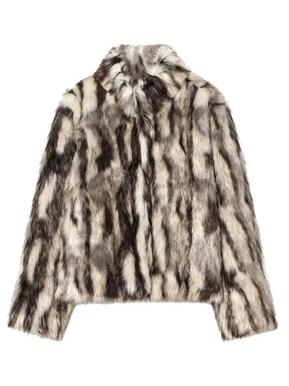 Women Vintage Loose Fur Coat | Stand Collar | Long Sleeve | Winter Furry Warm Coat Brown and Cream