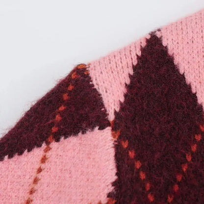 Women Argyle Cardigan | Casual | Knitted | Elegant Sweater | Long Sleeve | Knitwear