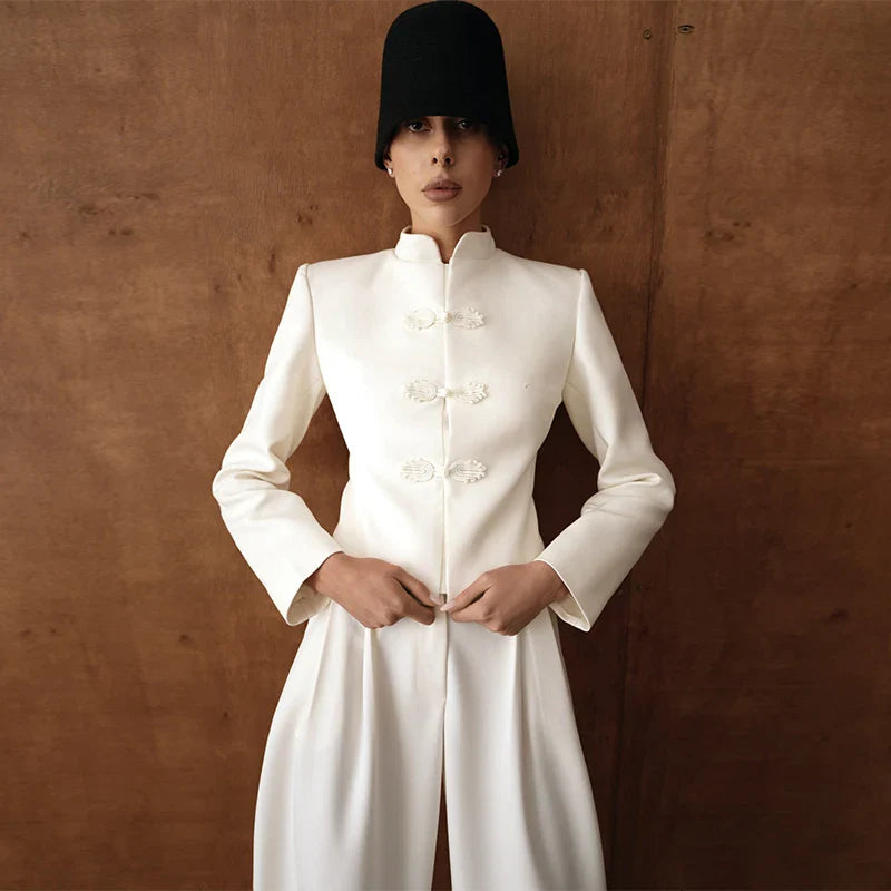 Women Napoleon Jacket | Elegant Office Short Coat | Stand Collar | Spring Jacket | Knotted Jacket White