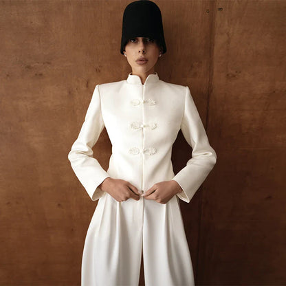 Women Napoleon Jacket | Elegant Office Short Coat | Stand Collar | Spring Jacket | Knotted Jacket White