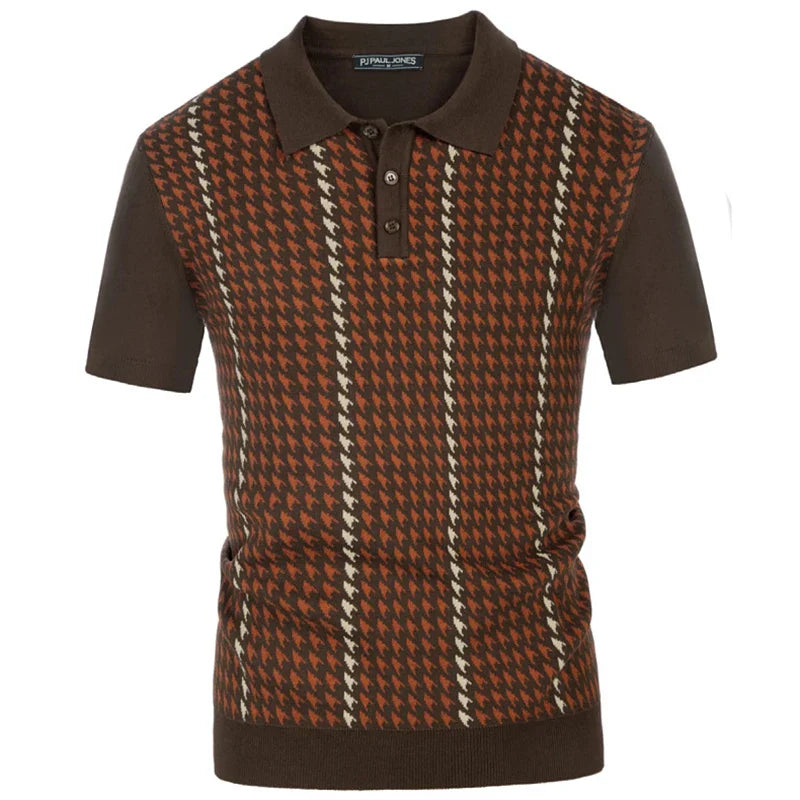 Men Classic Houndstooth Knitted Polo Shirt | Crochet Knit Polo Collar | Short Sleeve Pullover Red