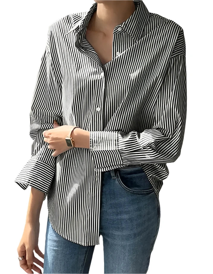 Women Striped Long Sleeve Loose Oversized Blouse | Vintage Button-Up Top Slanted-Black