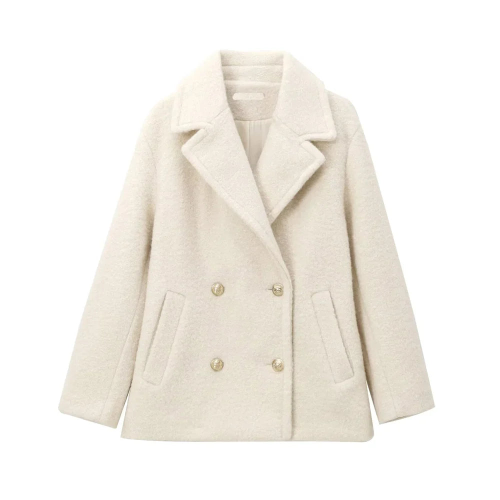 Women French Short Coat | Double Breasted Coat Beige