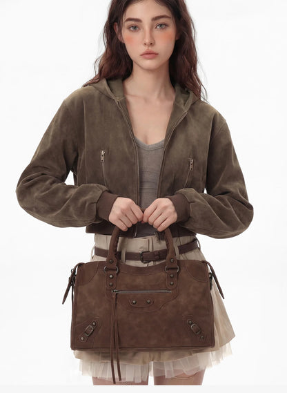 Women Paris Retro Motorcycle Bag | Large Capacity | Suede Leather Bag | Crossbody