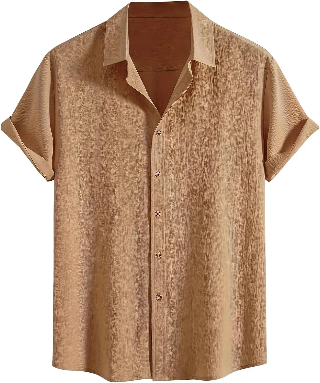Men Cotton Wrinkle Textured Button Down Shirt | Casual Beach Hawaiian Summer Shirt Khaki