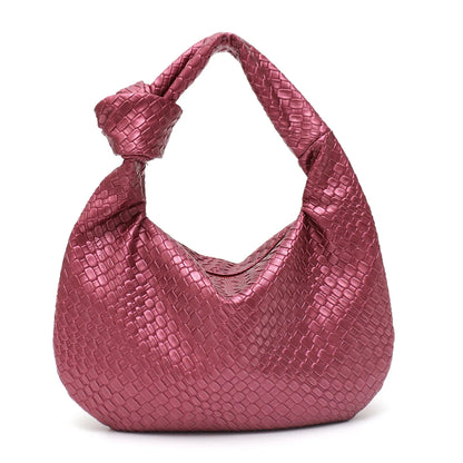 Women Woven Leather Knotted Strap Shoulder Bag Dark Pink