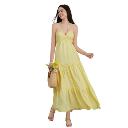 Women Bohemian Summer Tie-Up Halter Dress | Beach Flowy Dress | Sleeveless Backless Ruffled A-line Long Dress yellow