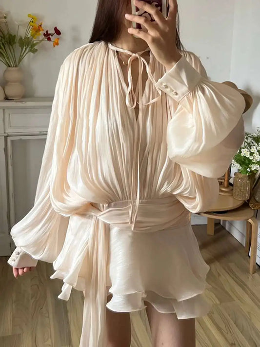 Women Flowy Mini Dress | V Neck | Long Sleeve | Spliced | Lace Up | Blouse Dress