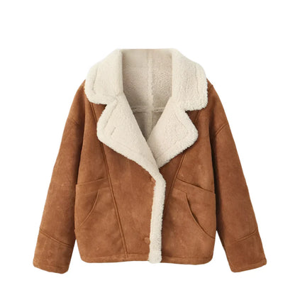 Women Oversized Loose Shearling Jacket | Long Sleeves Fleece Jacket Khaki