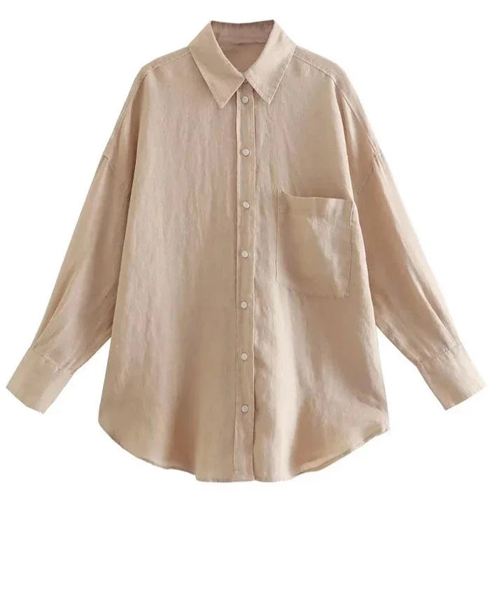 Women Vintage Oversized Linen Button Up Shirt | Chic Long Sleeves Blouse Top Peach