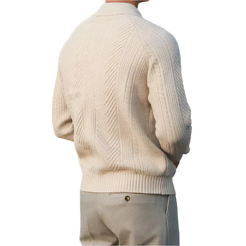 Men Textured Knitted Polo Long Sleeved Sweater | Zipper Jumper Winter Top