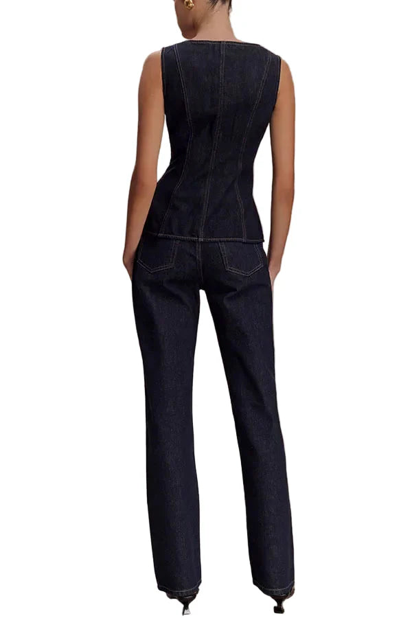 Women Summer Denim High Waist Button Down Top | Vest | Denim Pants | Set