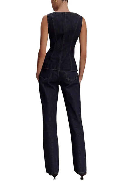 Women Summer Denim High Waist Button Down Top | Vest | Denim Pants | Set
