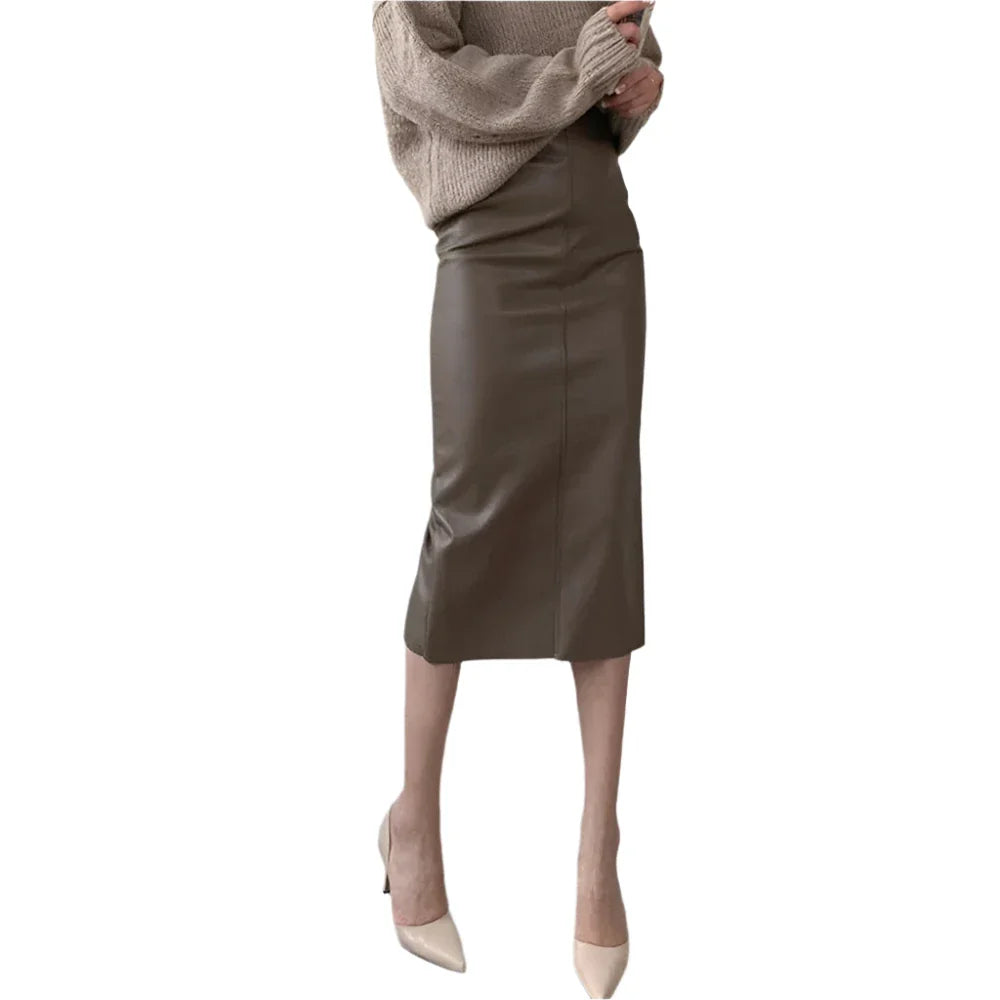 Women Leather Midi Skirt | Classic High Waisted Office Skirt | Party Bodycon Wrap Brown