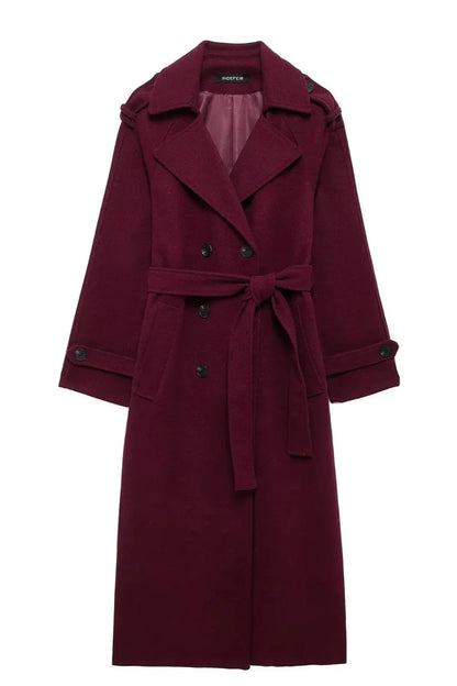Women Burgundy Overcoat with Belt | Warm Winter Trench Coat Burgundy