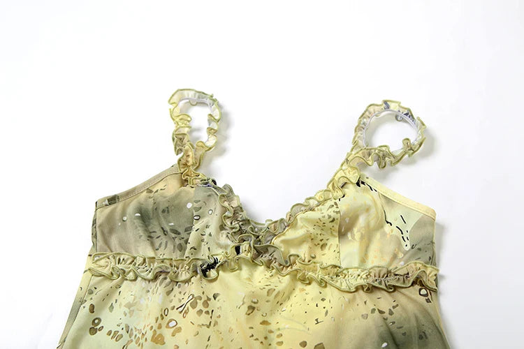Women Ruffle Floral Set | Y2K | Camisole Top | Tiered Skirt | Vacation | See Through