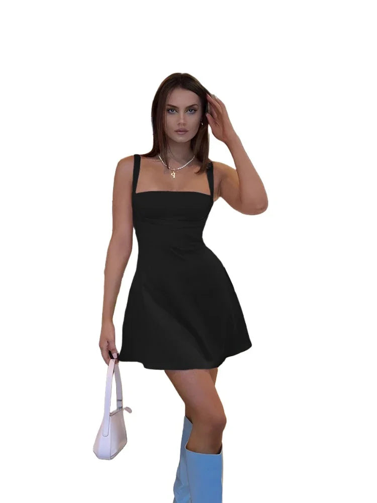 Women A-Line Satin Dress | Mini Spaghetti Strap Dress Black