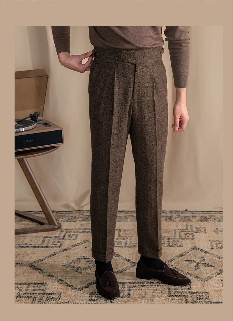Men Vintage Wool Herringbone Pattern Pants | Casual | British | Warm | High Waist | Straight Pants