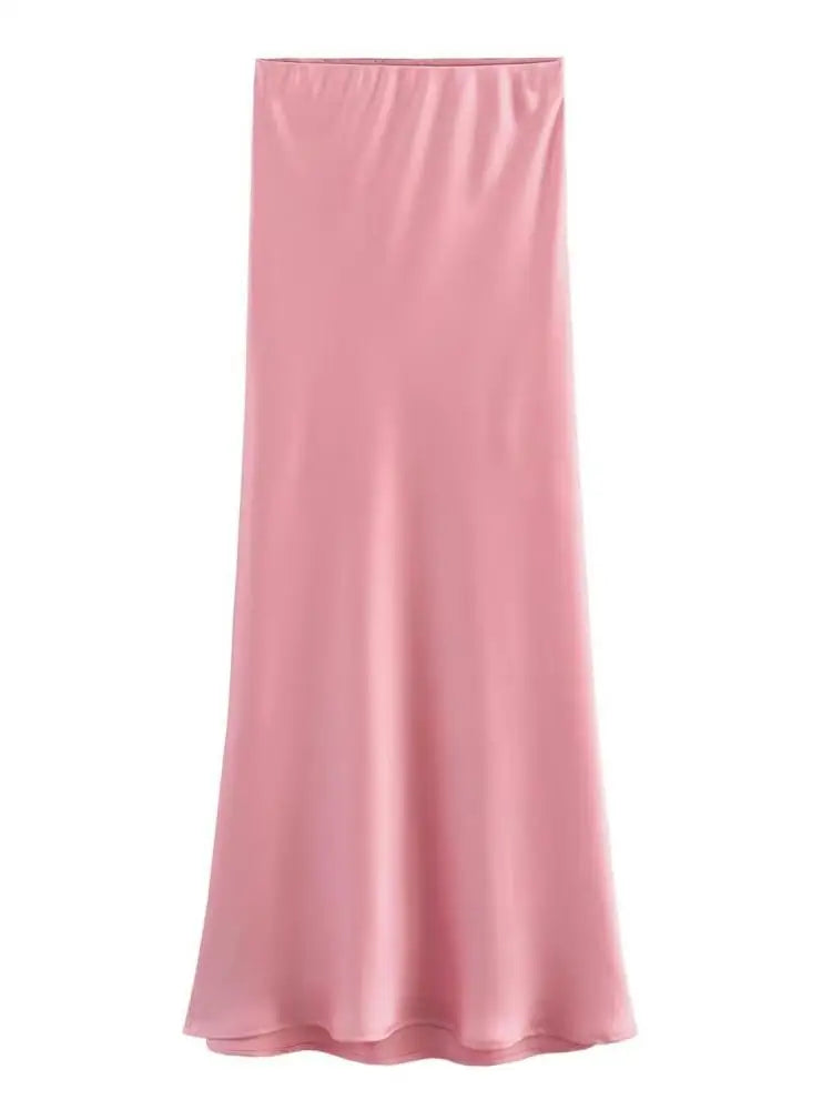 Women Solid Pleated Midi Satin Skirt | Mid Elastic Waist Vintage Skirt Pink