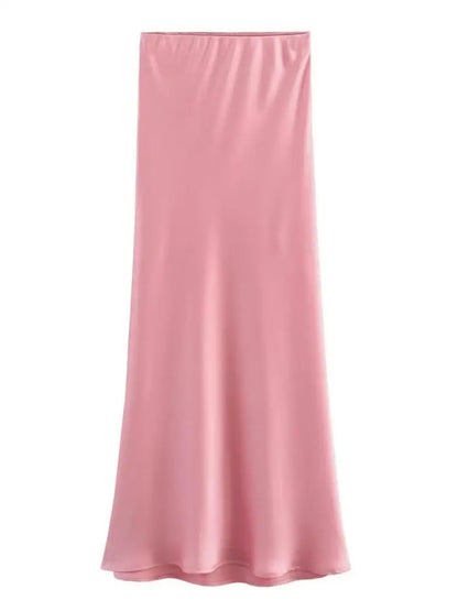 Women Solid Pleated Midi Satin Skirt | Mid Elastic Waist Vintage Skirt Pink