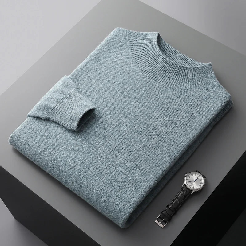 Men Mock Neck Cashmere Sweater | Pullover Semi-High Neck Pure Wool Sweater Turquoise