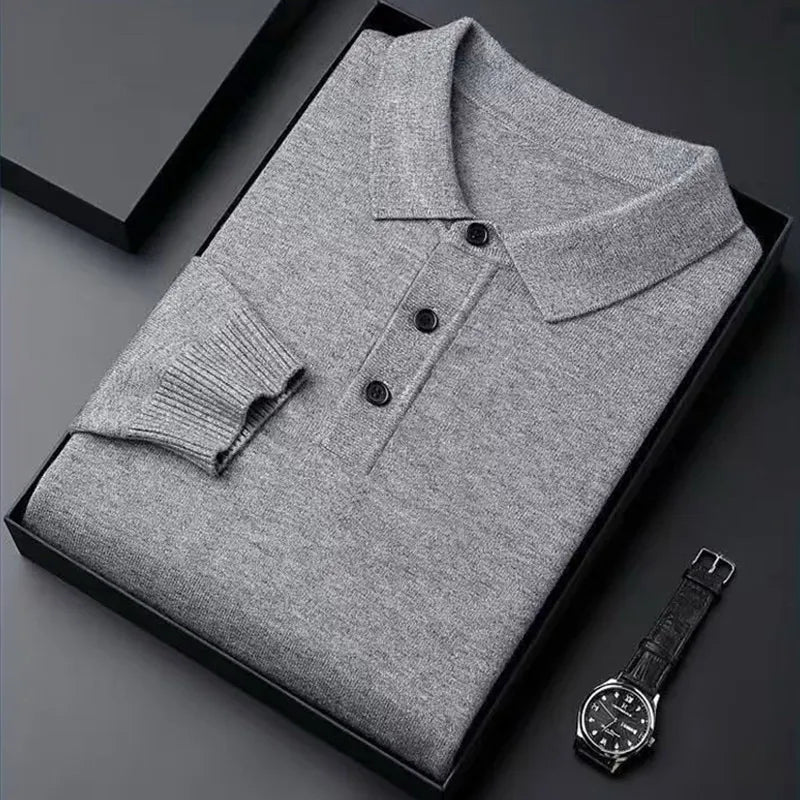 Men Pure Wool Sweater | Polo Knitted Pullover | Warm Gray