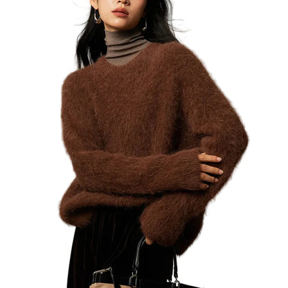 Women Alpaca Sweater | O-Neck | Loose | Knitted Pullover | Winter Sweater Brown One Size