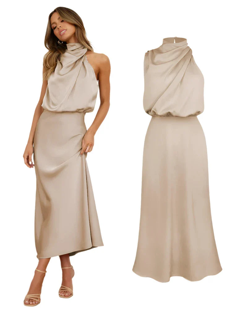 Women Satin Long Dress | Silk Sleeveless Evening Dress | Party Dress Apricot