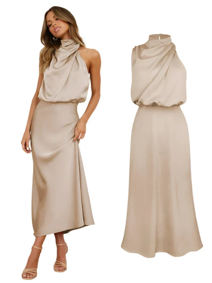 Women Satin Long Dress | Silk Sleeveless Evening Dress | Party Dress Apricot