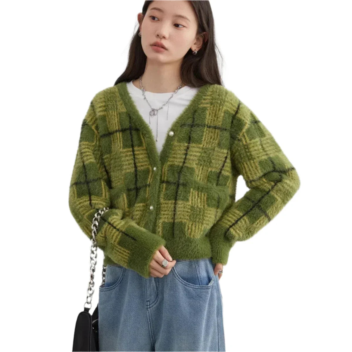 Women Knitted Plaid Cardigan | Knitted V-Neck Sweater Green