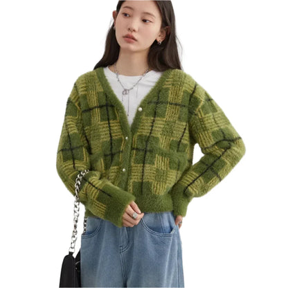 Women Knitted Plaid Cardigan | Knitted V-Neck Sweater Green