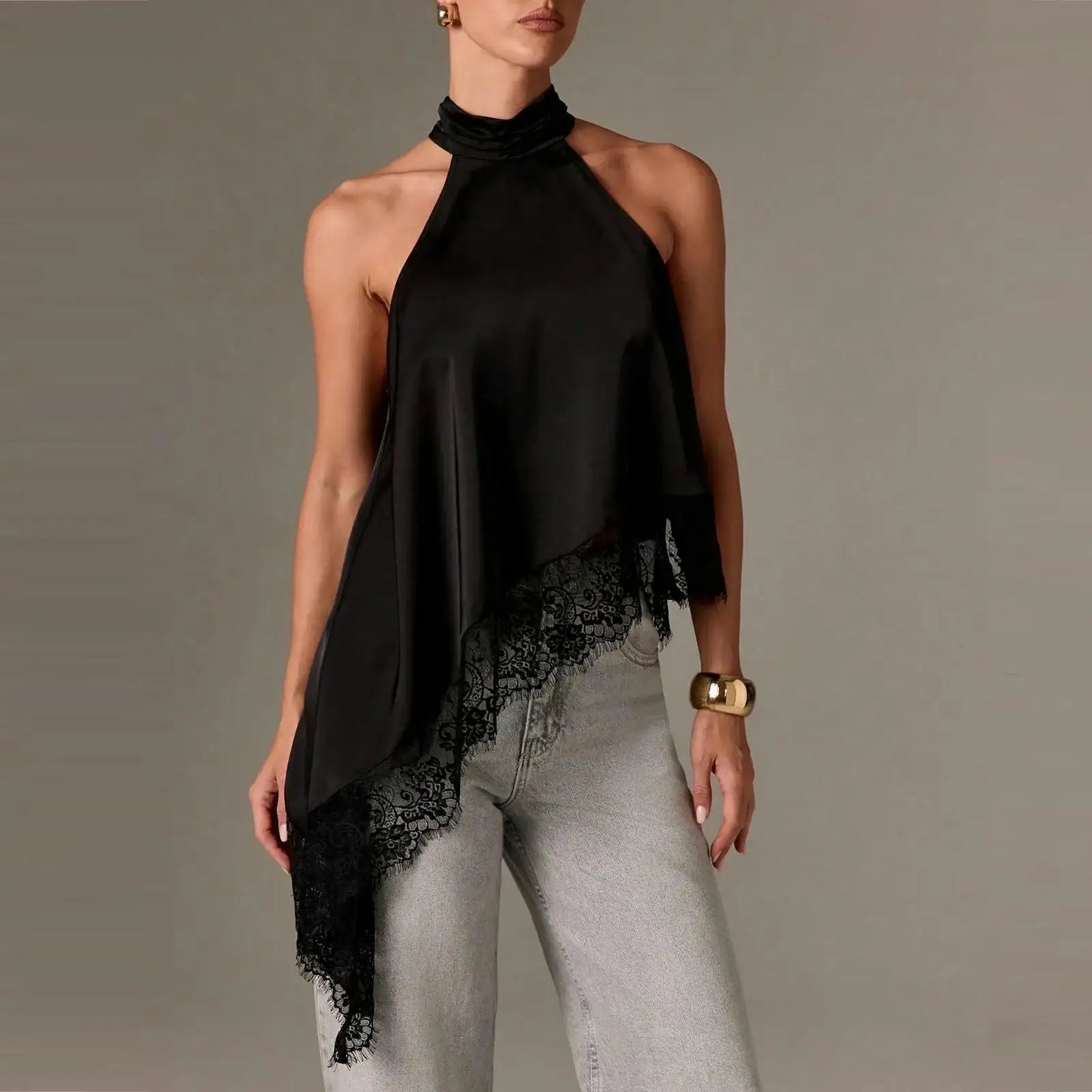 Women Asymmetrical Lace Satin Top | Silk Vest | Draped Choker | Halter Neck | Cami