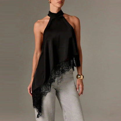 Women Asymmetrical Lace Satin Top | Silk Vest | Draped Choker | Halter Neck | Cami