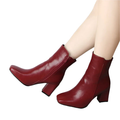 Women Winter Ankle Zipper Boots | High Block Heel Boots