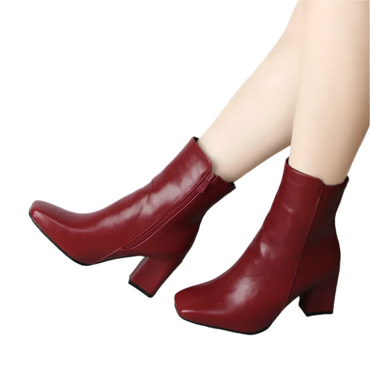 Women Winter Ankle Zipper Boots | High Block Heel Boots
