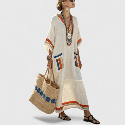 Sage | Women's V-Neck Striped Linen Maxi Dress with Pockets