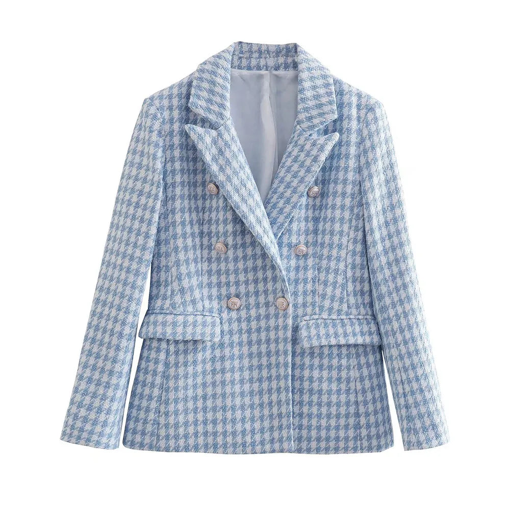 Women Vintage Houndstooth Tweed Blazer | Double Breasted Coat Light Blue