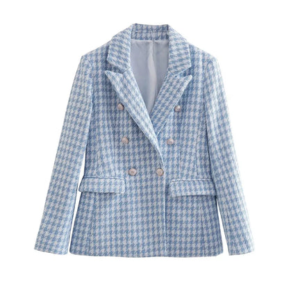Women Vintage Houndstooth Tweed Blazer | Double Breasted Coat Light Blue