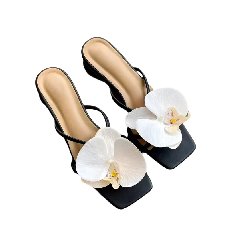 Women Orchid Flower Sandals | Vacation | Beach Sandals | Orchid Sandals | Small Heels black