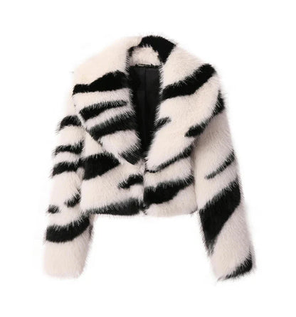 Women Cropped Zebra Fur Coat | Fluffy Big Collar Fur Short Jacket Off white