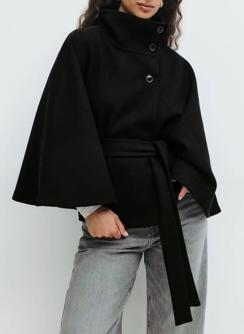 Women Trench cape Coat | Stand Collar Windbreaker | Cape Long Sleeve | Batwing Sleeves | Autumn Black